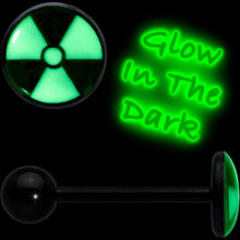 Load image into Gallery viewer, Glow in the Dark Black Anodized Radioactive Barbell Tongue Ring by Onyx O

