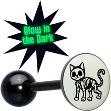 Load image into Gallery viewer, Glow in the Dark Black Anodized Skeleton Kitty Cat Barbell Tongue Ring by Onyx O
