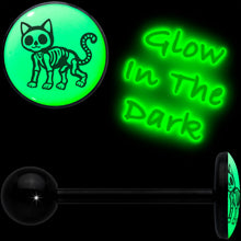 Load image into Gallery viewer, Glow in the Dark Black Anodized Skeleton Kitty Cat Barbell Tongue Ring by Onyx O
