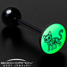 Load image into Gallery viewer, Glow in the Dark Black Anodized Skeleton Kitty Cat Barbell Tongue Ring by Onyx O
