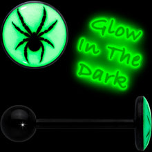 Load image into Gallery viewer, Glow in the Dark Black Anodized Black Widow Spider Barbell Tongue Ring by Onyx O
