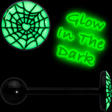 Load image into Gallery viewer, Black Glow in the Dark Heart Spider Web Barbell Tongue Ring by Onyx O
