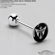Load image into Gallery viewer, Black White Winged Cross Barbell Tongue Ring by Onyx O
