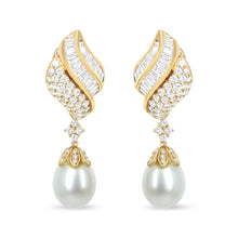 Load image into Gallery viewer, 18k Yellow Gold 7.0 Cttw Baguette and Round Diamond South Sea Pearl Drop Dangle Clip-On Earrings (F-G Color, VS1-VS2 Clarity)
