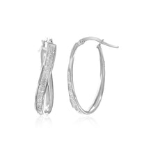 Load image into Gallery viewer, 14k White Gold Oval Hoop Twist Glittery Earrings

