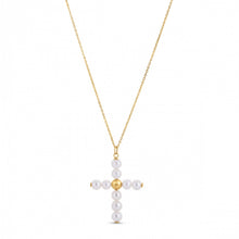 将图片加载到图库查看器，14k Yellow Gold Pearl Cross Pendant
