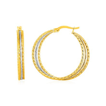 Load image into Gallery viewer, Three Part Textured Hoop Earrings in 14k Yellow and White Gold
