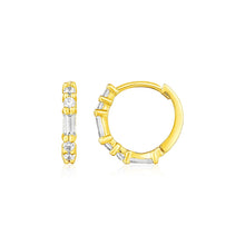 将图片加载到图库查看器，14k Yellow Gold Petite Hoop Earrings with Baguette Cubic Zirconias
