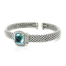 将图片加载到图库查看器，Popcorn Texture Cuff Bangle with Blue Topaz and Diamonds in Sterling Silver

