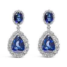 将图片加载到图库查看器，18K White Gold Blue Sapphire 2 3/4 Cttw Diamond Halo Drop Dangle Earring (G-H Color, SI1-SI2 Clarity)

