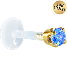 Load image into Gallery viewer, 16G 5/16 Solid 14K Yellow Gold 3mm Arctic Blue Cubic Zirconia Bioplast Tragus Earring Stud
