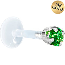 Load image into Gallery viewer, 16G 5/16 Solid 14K White Gold 3mm Green Cubic Zirconia Bioplast Tragus Earring Stud

