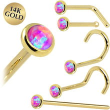 Load image into Gallery viewer, Solid 14K Yellow Gold 2mm Fuchsia Synthetic Opal Nose Ring
