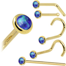 Load image into Gallery viewer, Solid 14K Yellow Gold 2mm Dark Blue Synthetic Opal Nose Ring
