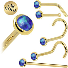 Load image into Gallery viewer, Solid 14K Yellow Gold 2mm Dark Blue Synthetic Opal Nose Ring
