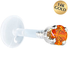 Load image into Gallery viewer, 16G 1/4 Solid 14K White Gold 3mm Orange Cubic Zirconia Bioplast Tragus Earring Stud
