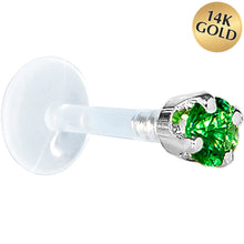 Load image into Gallery viewer, 16G 1/4 Solid 14K White Gold 3mm Green Cubic Zirconia Bioplast Tragus Earring Stud
