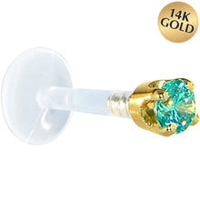 Load image into Gallery viewer, 16G 1/4 Solid 14K Yellow Gold 3mm Mint Green Cubic Zirconia Bioplast Tragus Earring Stud
