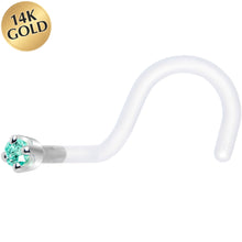 Load image into Gallery viewer, 18G 1/4 White Gold 1.5mm Mint Green Cubic Zirconia Bioplast Nose Ring
