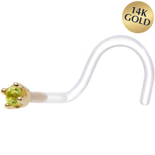 Load image into Gallery viewer, 18G 1/4 Yellow Gold 1.5mm Genuine Peridot Bioplast Nose Ring
