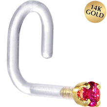 Load image into Gallery viewer, 18G 1/4 Yellow Gold 1.5mm Red Cubic Zirconia Bioplast Nose Ring
