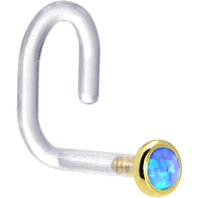 Load image into Gallery viewer, 18G 1/4 Yellow Gold 2mm Blue Synthetic Opal Bioplast Nose Ring
