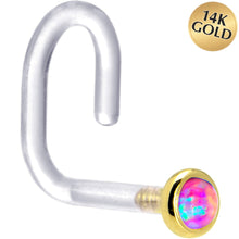 Load image into Gallery viewer, 18G 1/4 Yellow Gold 2mm Purple Synthetic Opal Bioplast Nose Ring
