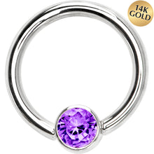 Load image into Gallery viewer, 14G 3/8 Solid 14K White Gold Purple CZ Gem Captive Ring

