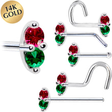 Load image into Gallery viewer, 14k White Gold Red Green 1.5mm CZ Marquise Nose Ring
