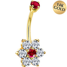Load image into Gallery viewer, 14k Yellow Gold Clear Red CZ Flower Belly Ring
