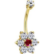 Load image into Gallery viewer, 14k Yellow Gold Clear Red CZ Flower Belly Ring
