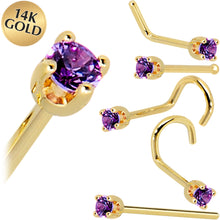 Load image into Gallery viewer, Solid 14K Yellow Gold 2mm Amethyst Cubic Zirconia Nose Ring
