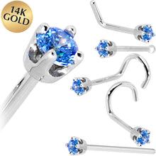 Load image into Gallery viewer, Solid 14K White Gold 2mm Arctic Blue Cubic Zirconia Nose Ring
