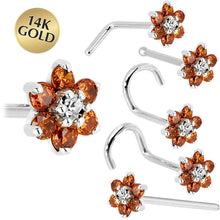 Load image into Gallery viewer, Solid 14K White Gold Orange and Clear Cubic Zirconia Flower Nose Ring
