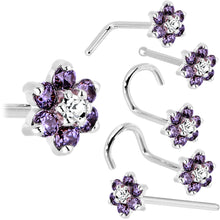Load image into Gallery viewer, Solid 14K White Gold Amethyst and Clear Cubic Zirconia Flower Nose Ring
