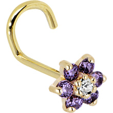 Load image into Gallery viewer, Solid 14K Yellow Gold Amethyst and Clear Cubic Zirconia Flower Nose Ring
