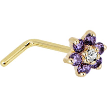 Load image into Gallery viewer, Solid 14K Yellow Gold Amethyst and Clear Cubic Zirconia Flower Nose Ring
