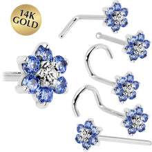 Load image into Gallery viewer, Solid 14K White Gold Arctic Blue and Clear Cubic Zirconia Flower Nose Ring
