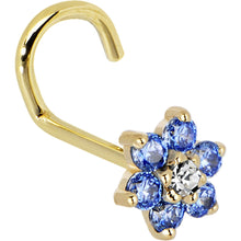Load image into Gallery viewer, Solid 14K Yellow Gold Arctic Blue and Clear Cubic Zirconia Flower Nose Ring
