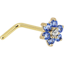 Load image into Gallery viewer, Solid 14K Yellow Gold Arctic Blue and Clear Cubic Zirconia Flower Nose Ring
