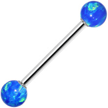 Load image into Gallery viewer, 14k White Gold 5mm Blue Synthetic Opal Barbell Tongue Ring 14G 5/8
