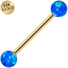 Load image into Gallery viewer, 14k Yellow Gold 5mm Blue Synthetic Opal Barbell Tongue Ring 14G 5/8
