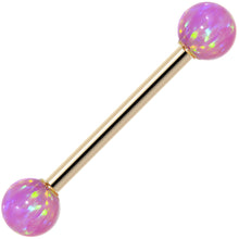 Load image into Gallery viewer, 14k Yellow Gold 5mm Pink Synthetic Opal Barbell Tongue Ring 14G 5/8
