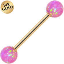 将图片加载到图库查看器，14k Yellow Gold 6mm Pink Synthetic Opal Barbell Tongue Ring 14G 5/8
