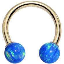 Load image into Gallery viewer, 14G Solid 14K Yellow Gold Blue Synthetic Opal Horseshoe Barbell
