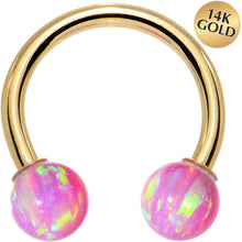 Load image into Gallery viewer, 14G Solid 14K Yellow Gold Pink Synthetic Opal Horseshoe Barbell
