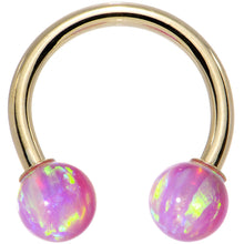 Load image into Gallery viewer, 14G Solid 14K Yellow Gold Pink Synthetic Opal Horseshoe Barbell
