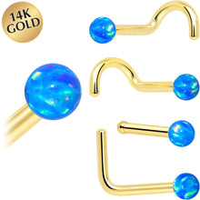 Load image into Gallery viewer, 14k Yellow Gold 2.5mm Blue Synthetic Opal Ball Nose Ring
