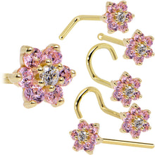 Load image into Gallery viewer, Solid 14K Yellow Gold Pink and Clear Cubic Zirconia Flower Nose Ring
