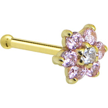 Load image into Gallery viewer, Solid 14K Yellow Gold Pink and Clear Cubic Zirconia Flower Nose Ring
